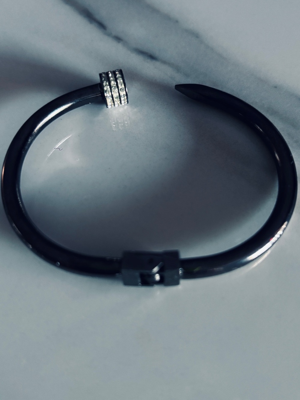 Black Stainless Nail Cuff Bracelet with Crystal Ring Accent - Picture 3 of 6